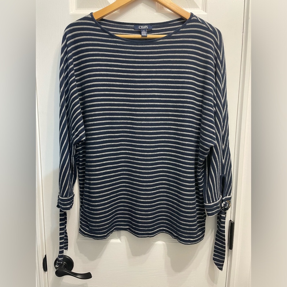 Chaps Women 3/4 Sleeve Blue & White Stripe Oversized Top Nautical Large